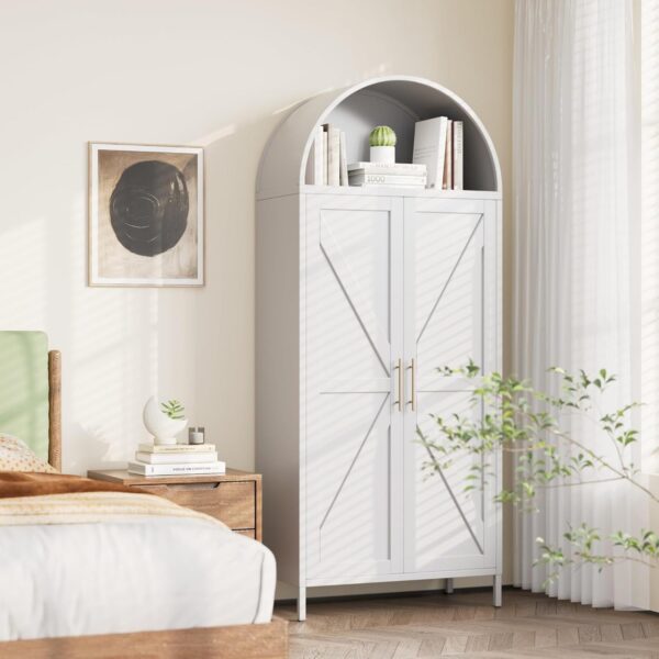 Metal Arched Kitchen Pantry Cabinet,Arched Storage Cabinet,Arch Bookcase With Doors&Adjustable Shelves&Handles For Home Assemble Require, White