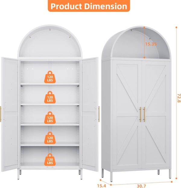 Metal Arched Kitchen Pantry Cabinet,Arched Storage Cabinet,Arch Bookcase With Doors&Adjustable Shelves&Handles For Home Assemble Require, White