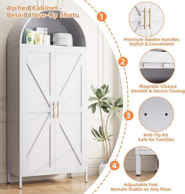 Metal Arched Kitchen Pantry Cabinet,Arched Storage Cabinet,Arch Bookcase With Doors&Adjustable Shelves&Handles For Home Assemble Require, White
