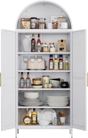 Metal Arched Kitchen Pantry Cabinet,Arched Storage Cabinet,Arch Bookcase With Doors&Adjustable Shelves&Handles For Home Assemble Require, White