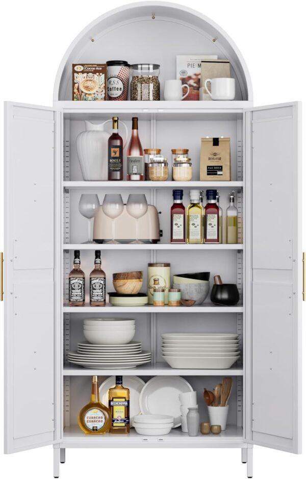 Metal Arched Kitchen Pantry Cabinet,Arched Storage Cabinet,Arch Bookcase With Doors&Adjustable Shelves&Handles For Home Assemble Require, White