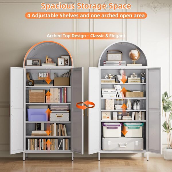 Metal Arched Kitchen Pantry Cabinet,Arched Storage Cabinet,Arch Bookcase With Doors&Adjustable Shelves&Handles For Home Assemble Require, White