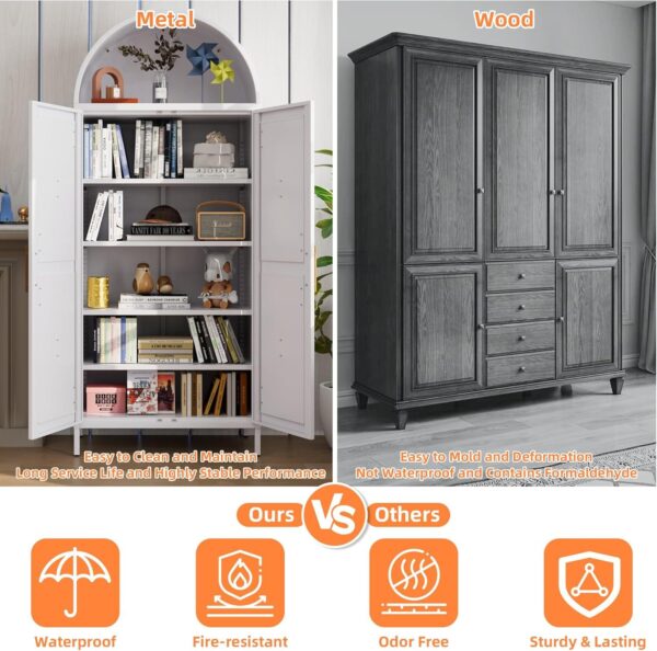 Metal Arched Kitchen Pantry Cabinet,Arched Storage Cabinet,Arch Bookcase With Doors&Adjustable Shelves&Handles For Home Assemble Require, White