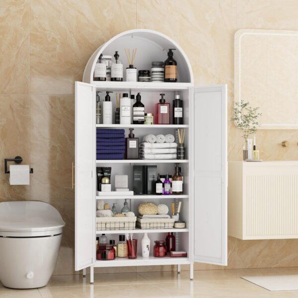 Metal Arched Kitchen Pantry Cabinet,Arched Storage Cabinet,Arch Bookcase With Doors&Adjustable Shelves&Handles For Home Assemble Require, White